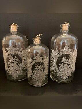3 Vintage Apothecary Vanity Bottle Frosted Floral Medallion Cork Stopper